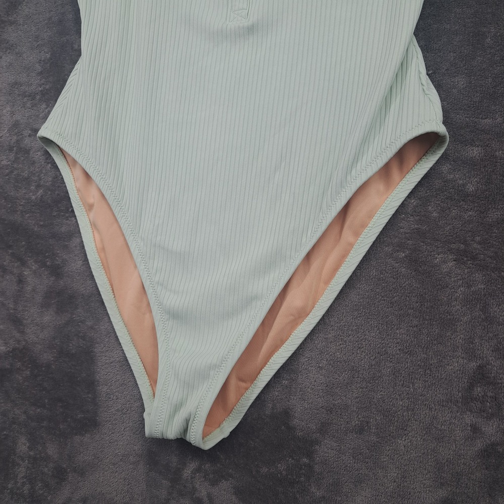 Madewell Second Wave Henley One-Piece Swimsuit in Mint Green Ribbed Large Beach - Picture 2 of 9
